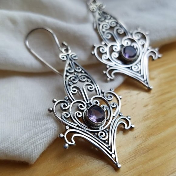NEW Amethyst & Sterling Silver Filigree Boho Earrings Handmade Dangle Statement - Picture 2 of 7